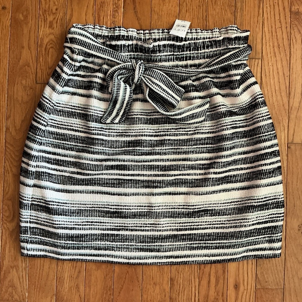 NWT Ann‎ Taylor Loft Cotton Blend White Black Striped Waist Tie Mini Skirt Sz M
